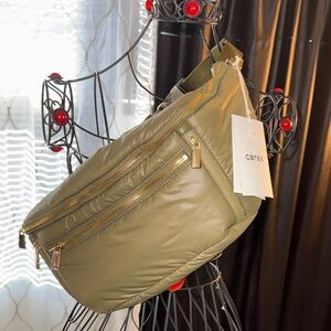 caraa Olive Green Puffer Crossbody Sling Bag with Gold Zippers